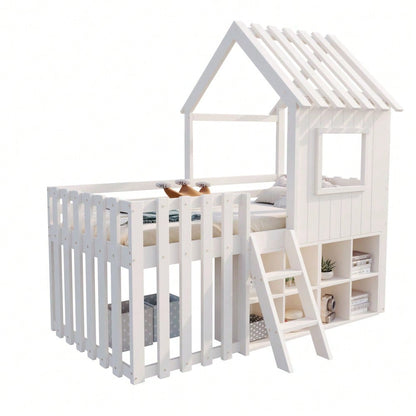 Kinderbett Hausbett 90x200, mit Dach und Fenster, mit offenem Stauraum, mit Kletterleiter, Massivholz-Kinderetagenbett ohne Matratze, weiß