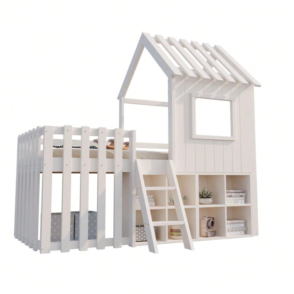 Kinderbett Hausbett 90x200, mit Dach und Fenster, mit offenem Stauraum, mit Kletterleiter, Massivholz-Kinderetagenbett ohne Matratze, weiß