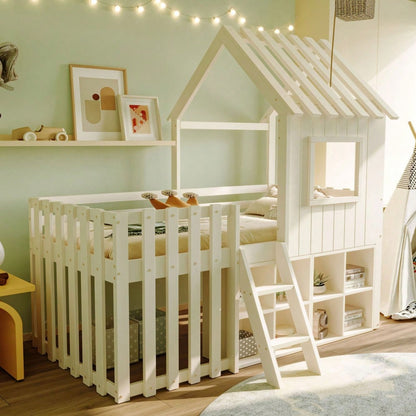 Kinderbett Hausbett 90x200, mit Dach und Fenster, mit offenem Stauraum, mit Kletterleiter, Massivholz-Kinderetagenbett ohne Matratze, weiß