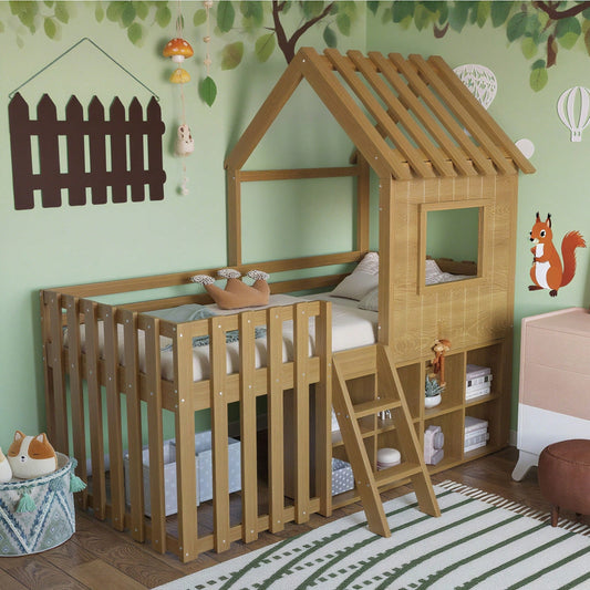 Kinderbett Hausbett 90x200, mit Dach und Fenster, mit offenem Stauraum, mit Kletterleiter, Massivholz-Kinderetagenbett ohne Matratze,Holzfarbe