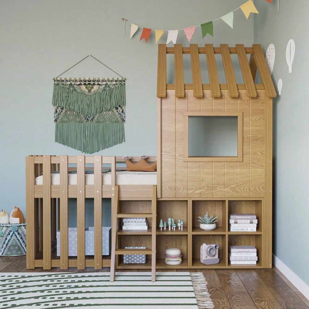 Kinderbett Hausbett 90x200, mit Dach und Fenster, mit offenem Stauraum, mit Kletterleiter, Massivholz-Kinderetagenbett ohne Matratze,Holzfarbe