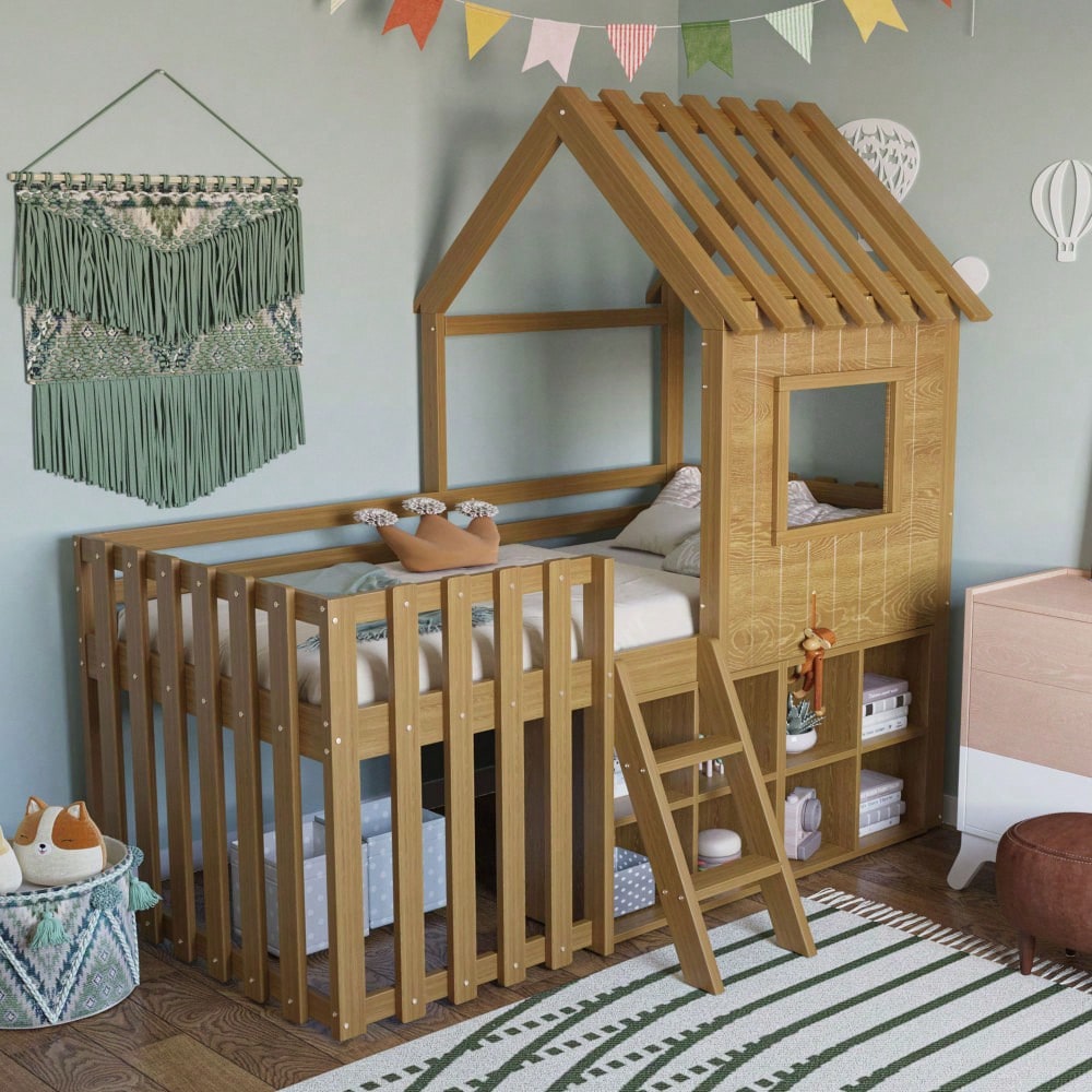 Kinderbett Hausbett 90x200, mit Dach und Fenster, mit offenem Stauraum, mit Kletterleiter, Massivholz-Kinderetagenbett ohne Matratze,Holzfarbe