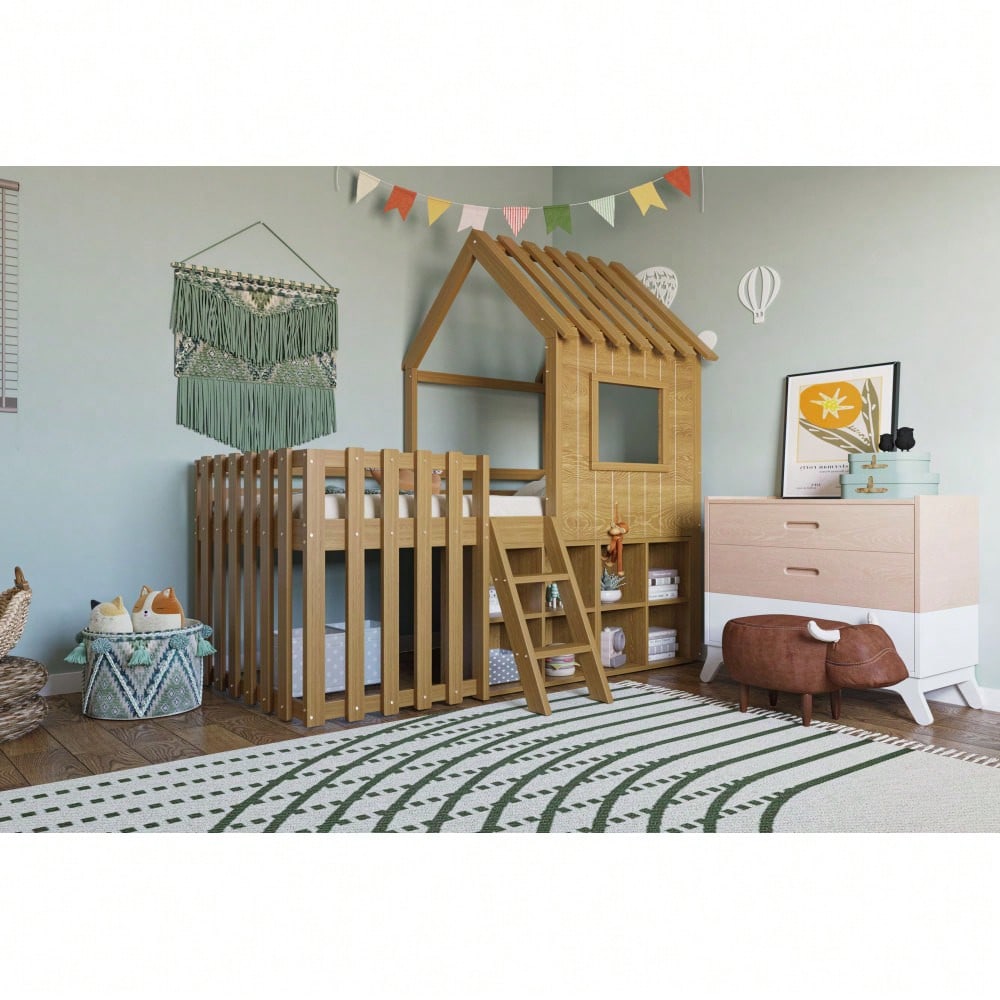 Kinderbett Hausbett 90x200, mit Dach und Fenster, mit offenem Stauraum, mit Kletterleiter, Massivholz-Kinderetagenbett ohne Matratze,Holzfarbe