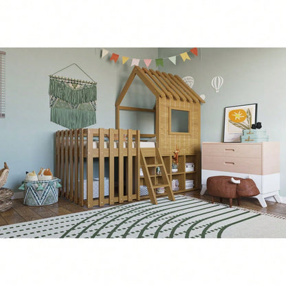 Kinderbett Hausbett 90x200, mit Dach und Fenster, mit offenem Stauraum, mit Kletterleiter, Massivholz-Kinderetagenbett ohne Matratze,Holzfarbe