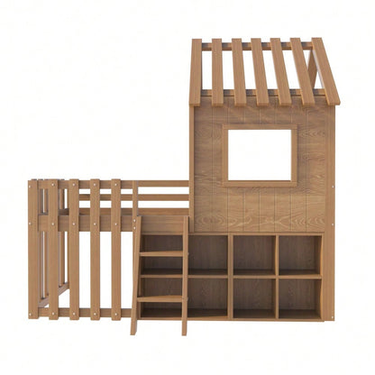 Kinderbett Hausbett 90x200, mit Dach und Fenster, mit offenem Stauraum, mit Kletterleiter, Massivholz-Kinderetagenbett ohne Matratze,Holzfarbe