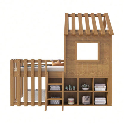 Kinderbett Hausbett 90x200, mit Dach und Fenster, mit offenem Stauraum, mit Kletterleiter, Massivholz-Kinderetagenbett ohne Matratze,Holzfarbe