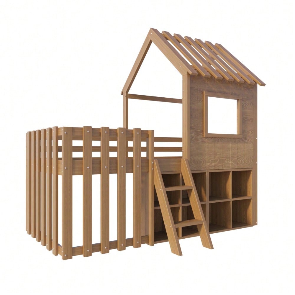 Kinderbett Hausbett 90x200, mit Dach und Fenster, mit offenem Stauraum, mit Kletterleiter, Massivholz-Kinderetagenbett ohne Matratze,Holzfarbe