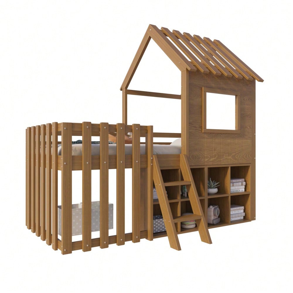 Kinderbett Hausbett 90x200, mit Dach und Fenster, mit offenem Stauraum, mit Kletterleiter, Massivholz-Kinderetagenbett ohne Matratze,Holzfarbe