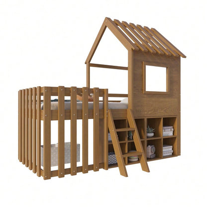 Kinderbett Hausbett 90x200, mit Dach und Fenster, mit offenem Stauraum, mit Kletterleiter, Massivholz-Kinderetagenbett ohne Matratze,Holzfarbe