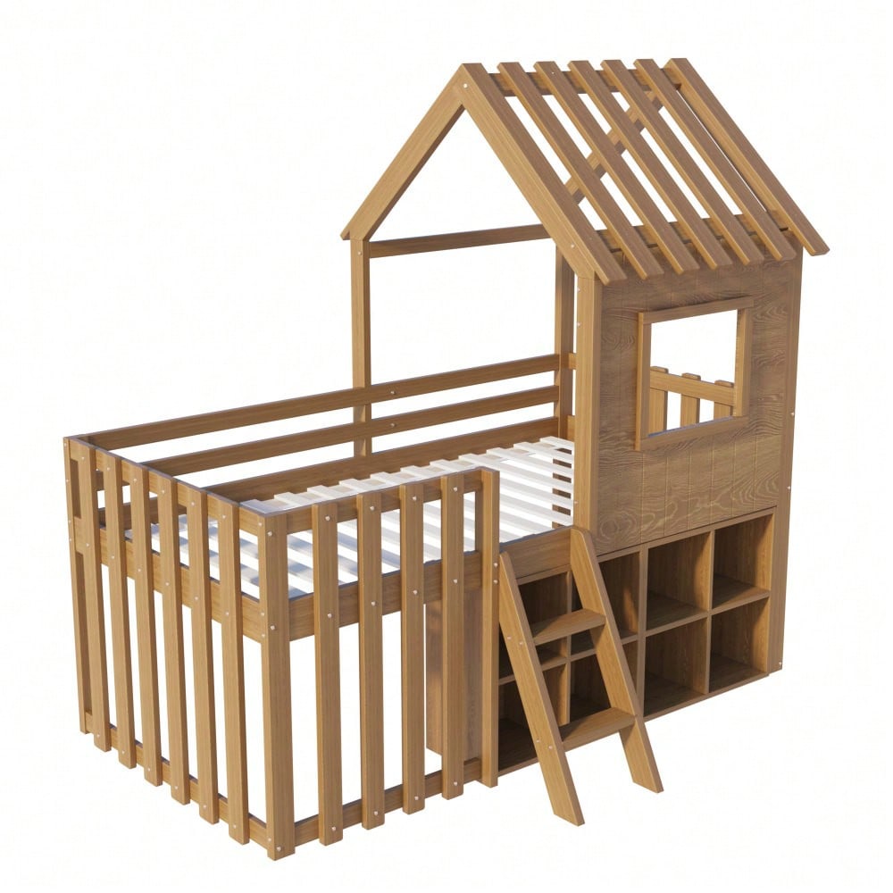Kinderbett Hausbett 90x200, mit Dach und Fenster, mit offenem Stauraum, mit Kletterleiter, Massivholz-Kinderetagenbett ohne Matratze,Holzfarbe