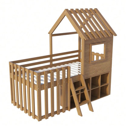 Kinderbett Hausbett 90x200, mit Dach und Fenster, mit offenem Stauraum, mit Kletterleiter, Massivholz-Kinderetagenbett ohne Matratze,Holzfarbe
