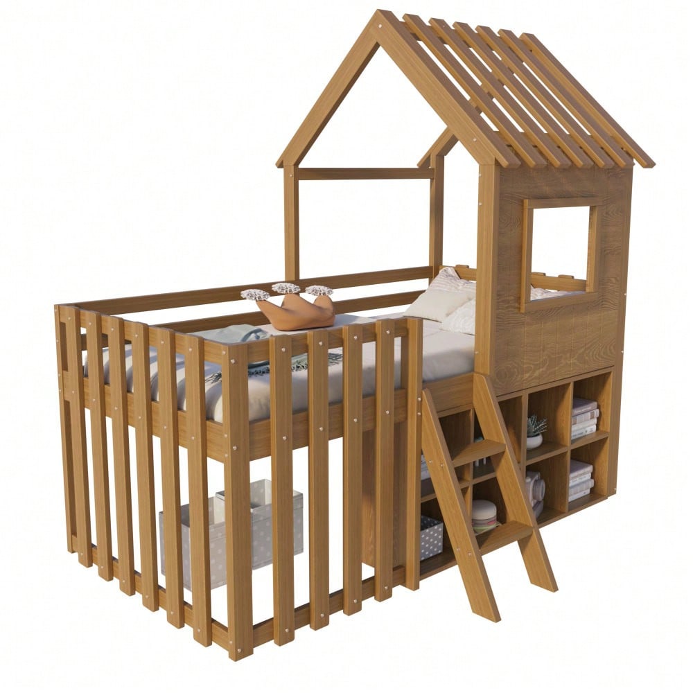 Kinderbett Hausbett 90x200, mit Dach und Fenster, mit offenem Stauraum, mit Kletterleiter, Massivholz-Kinderetagenbett ohne Matratze,Holzfarbe