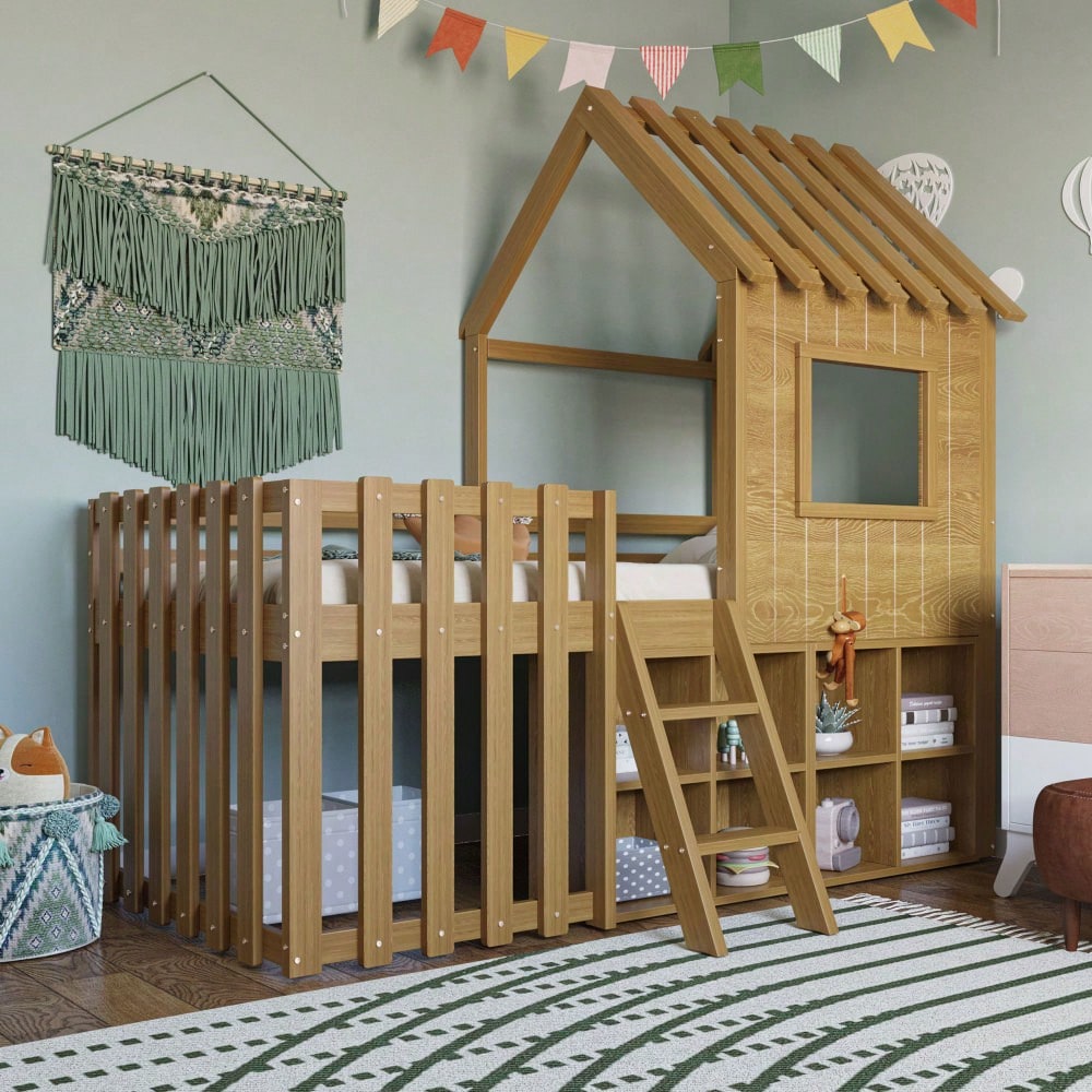 Kinderbett Hausbett 90x200, mit Dach und Fenster, mit offenem Stauraum, mit Kletterleiter, Massivholz-Kinderetagenbett ohne Matratze,Holzfarbe