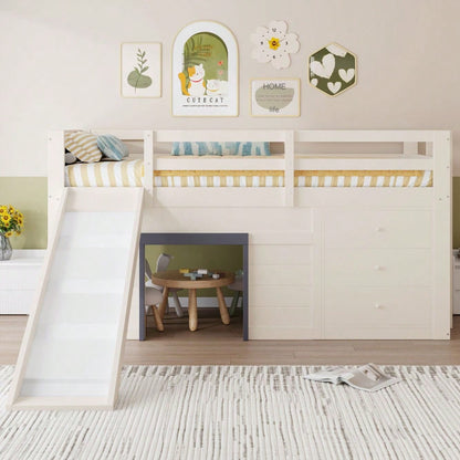 90 x 200 niedriges Hochbett mit Rutsche, drei Schubladen und zwei Türen, Creme