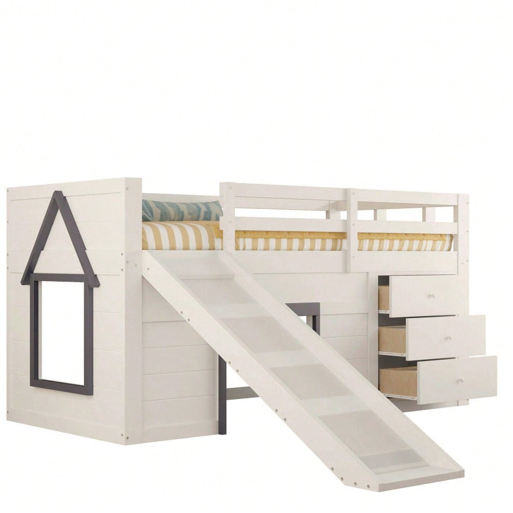 90 x 200 niedriges Hochbett mit Rutsche, drei Schubladen und zwei Türen, Creme