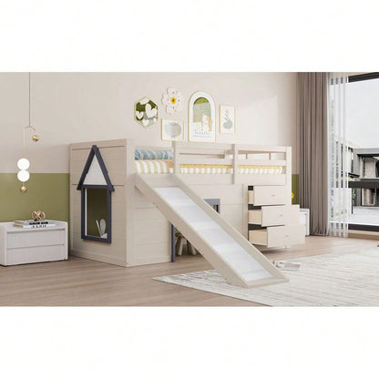 90 x 200 niedriges Hochbett mit Rutsche, drei Schubladen und zwei Türen, Creme