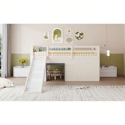90 x 200 niedriges Hochbett mit Rutsche, drei Schubladen und zwei Türen, Creme