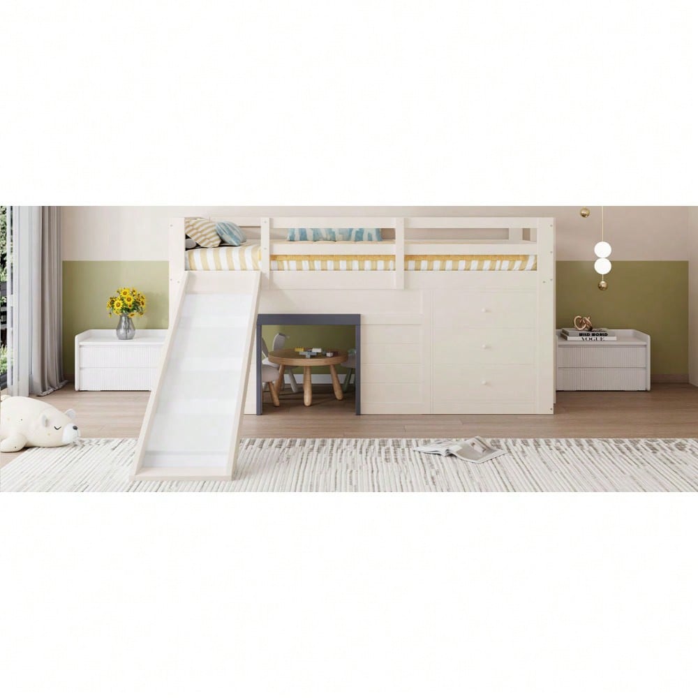 90 x 200 niedriges Hochbett mit Rutsche, drei Schubladen und zwei Türen, Creme