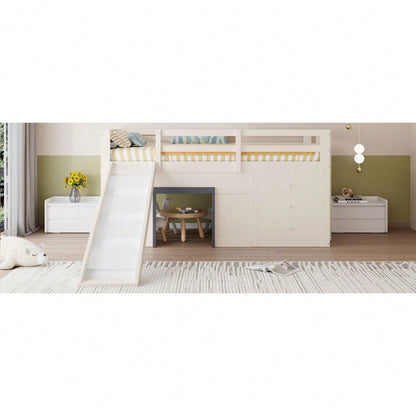 90 x 200 niedriges Hochbett mit Rutsche, drei Schubladen und zwei Türen, Creme