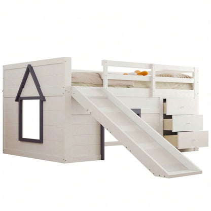 140 x 200 niedriges Hochbett mit Rutsche, drei Schubladen und zwei Türen, Creme