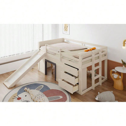 140 x 200 niedriges Hochbett mit Rutsche, drei Schubladen und zwei Türen, Creme