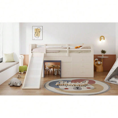 140 x 200 niedriges Hochbett mit Rutsche, drei Schubladen und zwei Türen, Creme