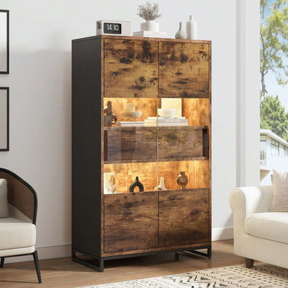 80*40*138cm Vitrine mit LED-Beleuchtung Standvitrine,Vitrinenschränke mit 2 Schubladen, Stauraumvitrine mit Acrylblende, highboard, Weinschränke, Bücherregale mit viel Stauraum, Schwarz + Holzmaserung