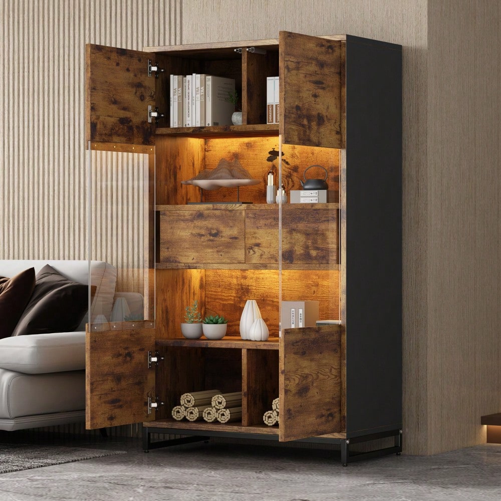 80*40*138cm Vitrine mit LED-Beleuchtung Standvitrine,Vitrinenschränke mit 2 Schubladen, Stauraumvitrine mit Acrylblende, highboard, Weinschränke, Bücherregale mit viel Stauraum, Schwarz + Holzmaserung