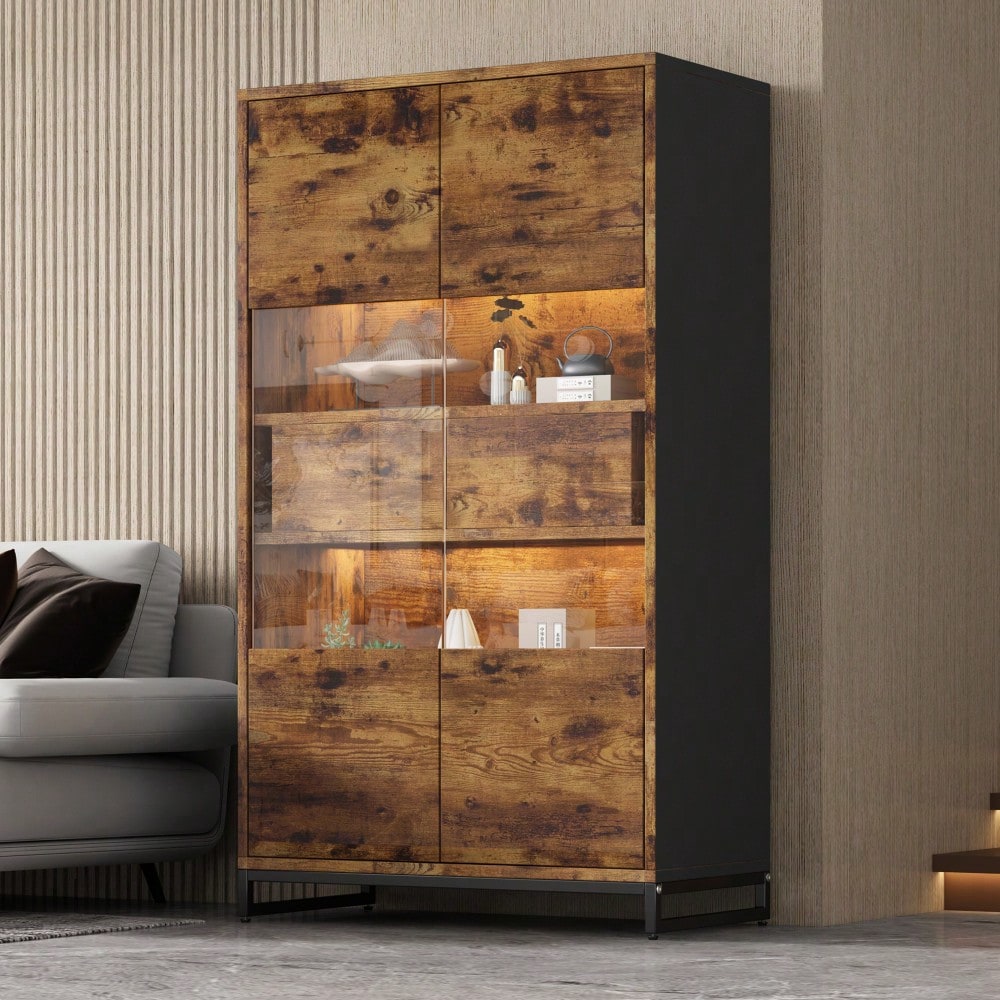 80*40*138cm Vitrine mit LED-Beleuchtung Standvitrine,Vitrinenschränke mit 2 Schubladen, Stauraumvitrine mit Acrylblende, highboard, Weinschränke, Bücherregale mit viel Stauraum, Schwarz + Holzmaserung