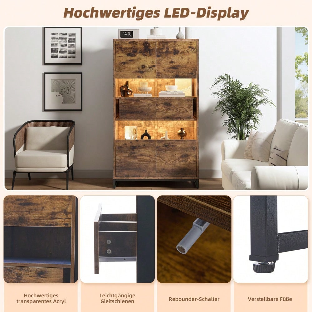 80*40*138cm Vitrine mit LED-Beleuchtung Standvitrine,Vitrinenschränke mit 2 Schubladen, Stauraumvitrine mit Acrylblende, highboard, Weinschränke, Bücherregale mit viel Stauraum, Schwarz + Holzmaserung