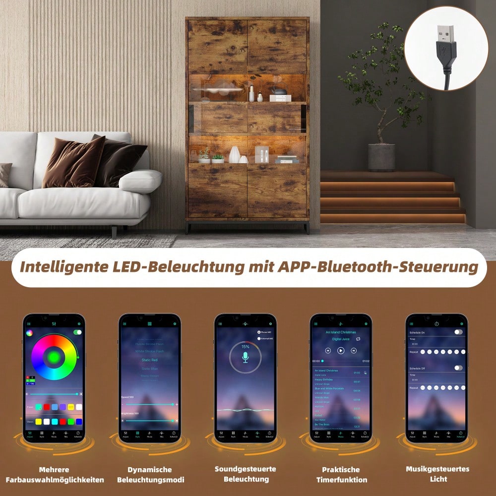 80*40*138cm Vitrine mit LED-Beleuchtung Standvitrine,Vitrinenschränke mit 2 Schubladen, Stauraumvitrine mit Acrylblende, highboard, Weinschränke, Bücherregale mit viel Stauraum, Schwarz + Holzmaserung