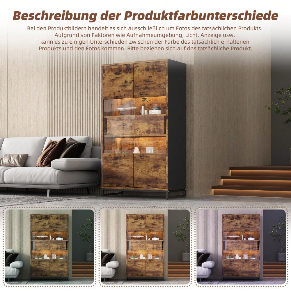 80*40*138cm Vitrine mit LED-Beleuchtung Standvitrine,Vitrinenschränke mit 2 Schubladen, Stauraumvitrine mit Acrylblende, highboard, Weinschränke, Bücherregale mit viel Stauraum, Schwarz + Holzmaserung