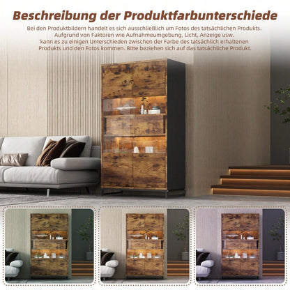 80*40*138cm Vitrine mit LED-Beleuchtung Standvitrine,Vitrinenschränke mit 2 Schubladen, Stauraumvitrine mit Acrylblende, highboard, Weinschränke, Bücherregale mit viel Stauraum, Schwarz + Holzmaserung
