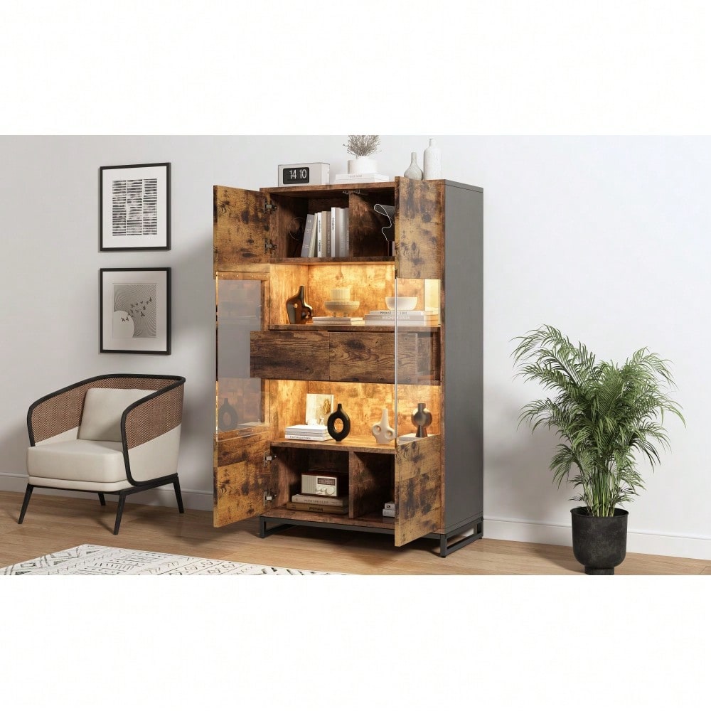 80*40*138cm Vitrine mit LED-Beleuchtung Standvitrine,Vitrinenschränke mit 2 Schubladen, Stauraumvitrine mit Acrylblende, highboard, Weinschränke, Bücherregale mit viel Stauraum, Schwarz + Holzmaserung