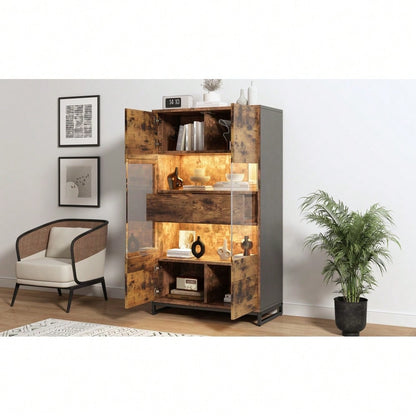 80*40*138cm Vitrine mit LED-Beleuchtung Standvitrine,Vitrinenschränke mit 2 Schubladen, Stauraumvitrine mit Acrylblende, highboard, Weinschränke, Bücherregale mit viel Stauraum, Schwarz + Holzmaserung