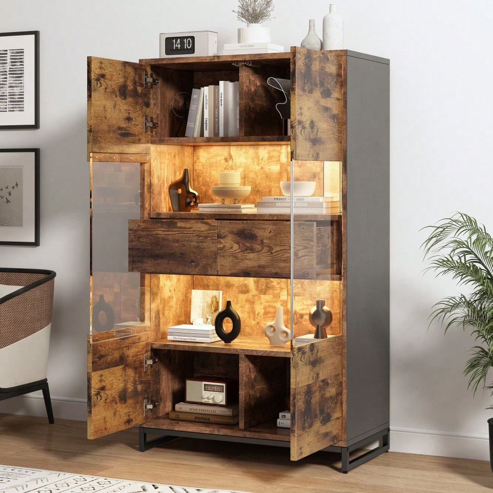 80*40*138cm Vitrine mit LED-Beleuchtung Standvitrine,Vitrinenschränke mit 2 Schubladen, Stauraumvitrine mit Acrylblende, highboard, Weinschränke, Bücherregale mit viel Stauraum, Schwarz + Holzmaserung