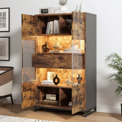 80*40*138cm Vitrine mit LED-Beleuchtung Standvitrine,Vitrinenschränke mit 2 Schubladen, Stauraumvitrine mit Acrylblende, highboard, Weinschränke, Bücherregale mit viel Stauraum, Schwarz + Holzmaserung