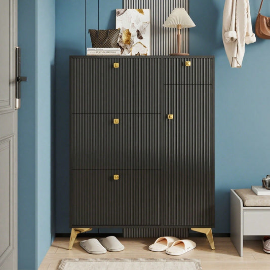 Schuhschrank mit 3 Klappen, 1 Schublade und 1 Tür, Schuhregal, Schuhkipper schmal, Schuhschrank Schwarz. Maße: H 121 cm / B 90 cm / T 25 cm