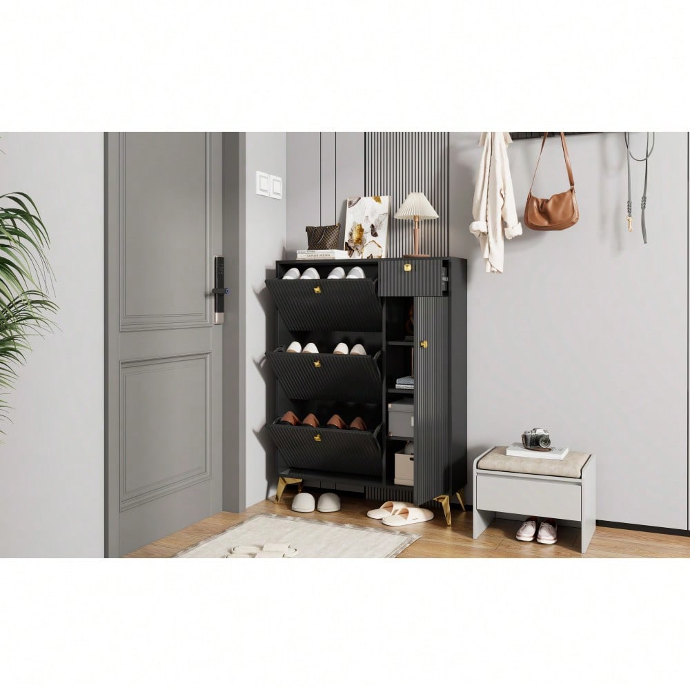 Schuhschrank mit 3 Klappen, 1 Schublade und 1 Tür, Schuhregal, Schuhkipper schmal, Schuhschrank Schwarz. Maße: H 121 cm / B 90 cm / T 25 cm