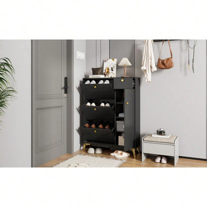 Schuhschrank mit 3 Klappen, 1 Schublade und 1 Tür, Schuhregal, Schuhkipper schmal, Schuhschrank Schwarz. Maße: H 121 cm / B 90 cm / T 25 cm