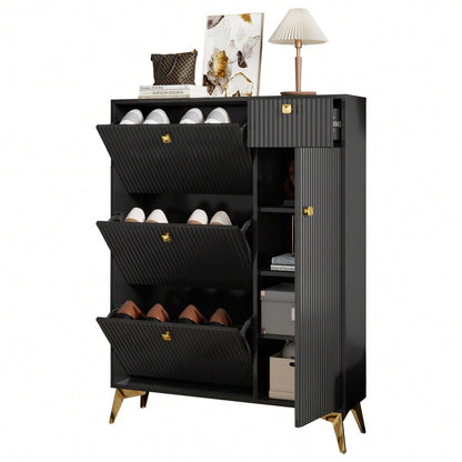 Schuhschrank mit 3 Klappen, 1 Schublade und 1 Tür, Schuhregal, Schuhkipper schmal, Schuhschrank Schwarz. Maße: H 121 cm / B 90 cm / T 25 cm