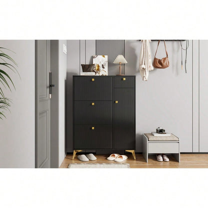 Schuhschrank mit 3 Klappen, 1 Schublade und 1 Tür, Schuhregal, Schuhkipper schmal, Schuhschrank Schwarz. Maße: H 121 cm / B 90 cm / T 25 cm