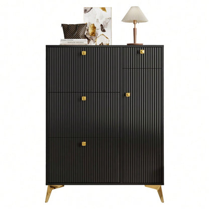 Schuhschrank mit 3 Klappen, 1 Schublade und 1 Tür, Schuhregal, Schuhkipper schmal, Schuhschrank Schwarz. Maße: H 121 cm / B 90 cm / T 25 cm