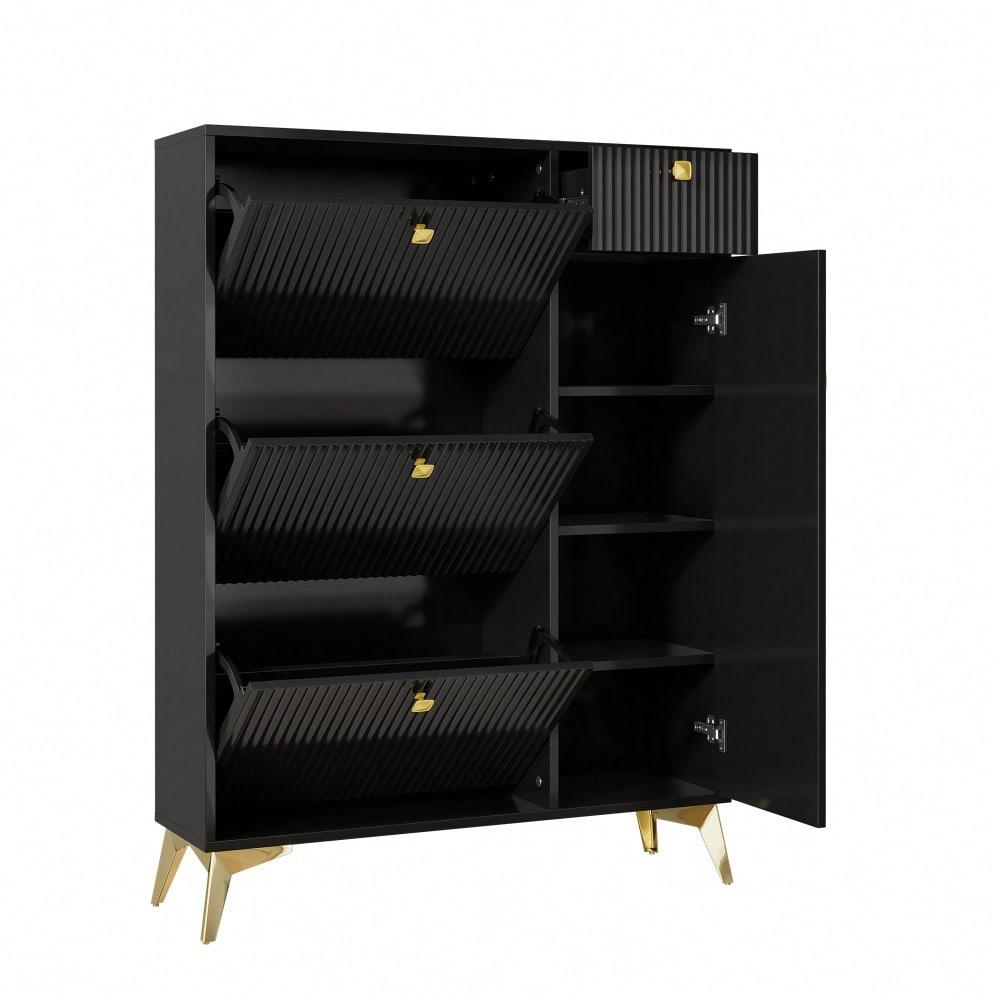Schuhschrank mit 3 Klappen, 1 Schublade und 1 Tür, Schuhregal, Schuhkipper schmal, Schuhschrank Schwarz. Maße: H 121 cm / B 90 cm / T 25 cm