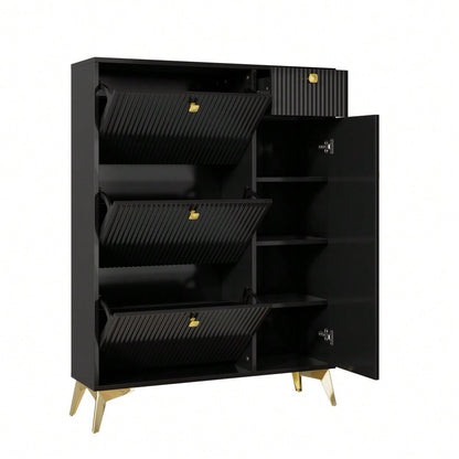 Schuhschrank mit 3 Klappen, 1 Schublade und 1 Tür, Schuhregal, Schuhkipper schmal, Schuhschrank Schwarz. Maße: H 121 cm / B 90 cm / T 25 cm