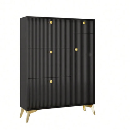 Schuhschrank mit 3 Klappen, 1 Schublade und 1 Tür, Schuhregal, Schuhkipper schmal, Schuhschrank Schwarz. Maße: H 121 cm / B 90 cm / T 25 cm