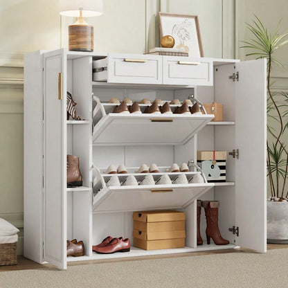 Moderne Schuhschrank, mit verstellbaren Regalen, goldenen Griffen, 2 Schubladen, Klappschuhschrank und 2 Türen, weiß, B120/D24/H107 CM