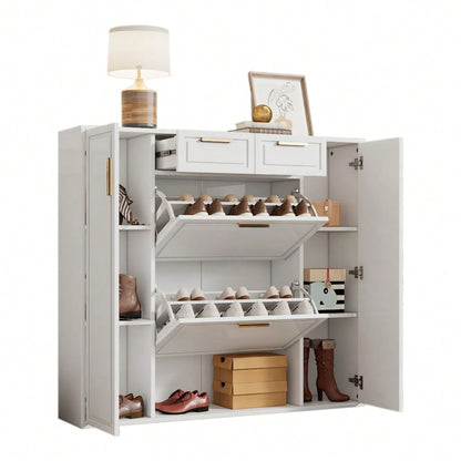 Moderne Schuhschrank, mit verstellbaren Regalen, goldenen Griffen, 2 Schubladen, Klappschuhschrank und 2 Türen, weiß, B120/D24/H107 CM