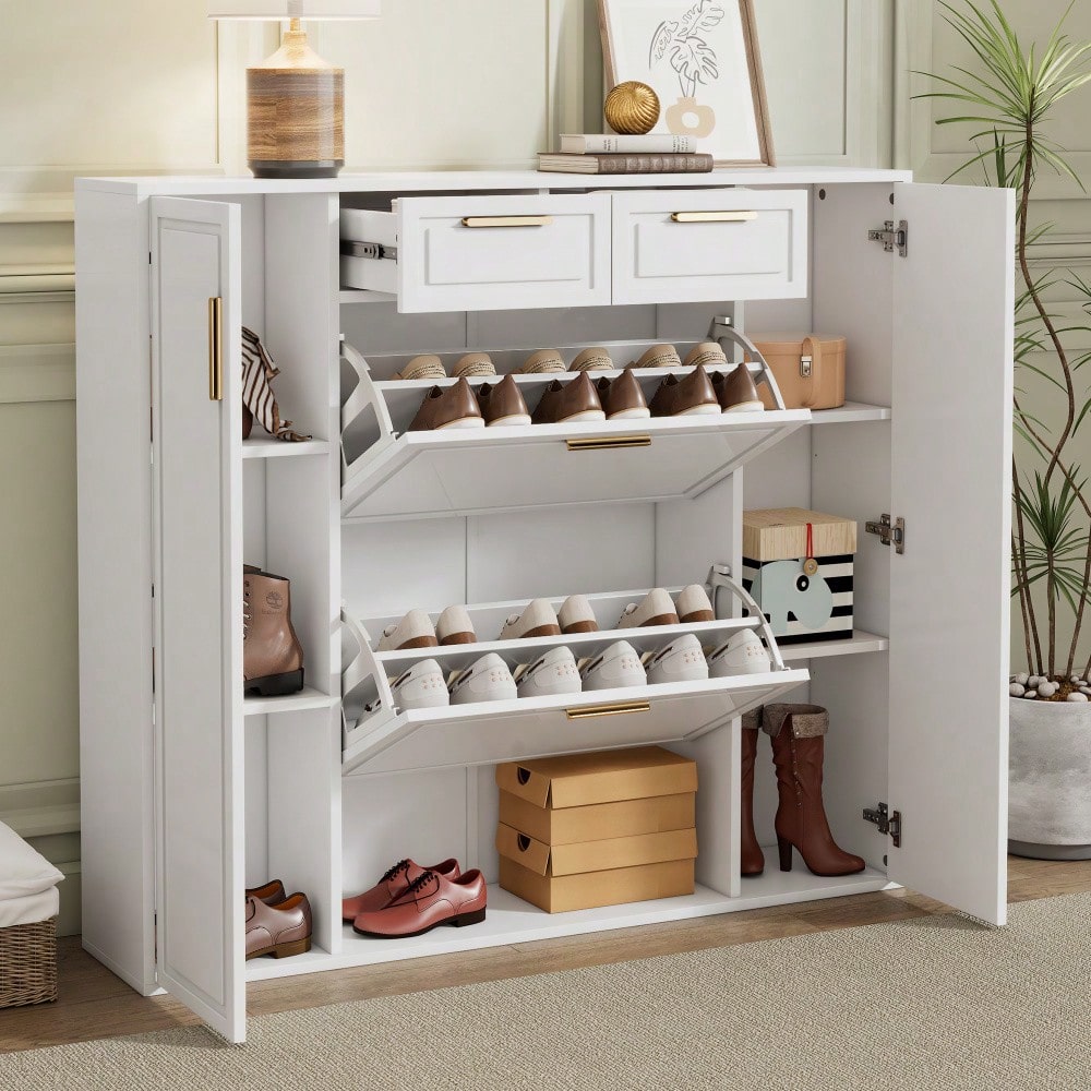Moderne Schuhschrank, mit verstellbaren Regalen, goldenen Griffen, 2 Schubladen, Klappschuhschrank und 2 Türen, weiß, B120/D24/H107 CM