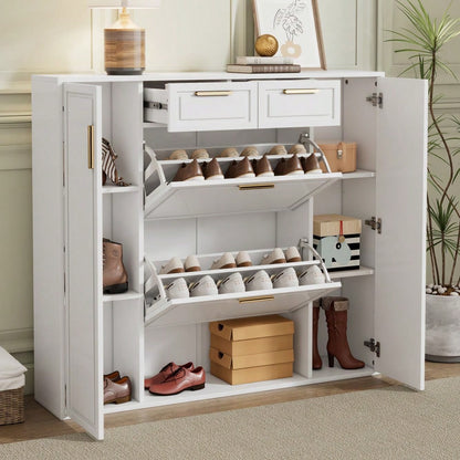 Moderne Schuhschrank, mit verstellbaren Regalen, goldenen Griffen, 2 Schubladen, Klappschuhschrank und 2 Türen, weiß, B120/D24/H107 CM